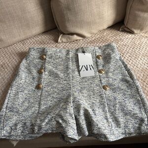 Zara Women's High Waist Tweed Shorts in Blue and Cream